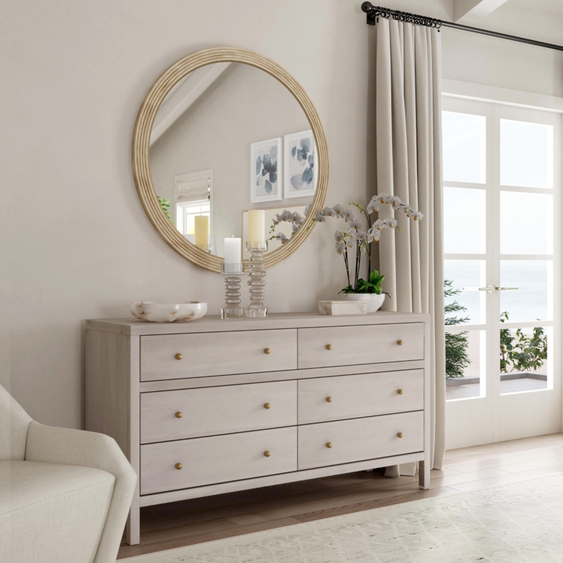 Dresser Antique Taupe Finish with Ribbed Round Mirror, Coastal Style