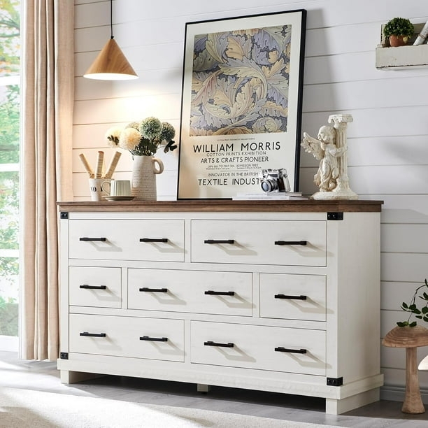 Dresser Antique White Metal Corner Accents Wood Top Rustic Chest