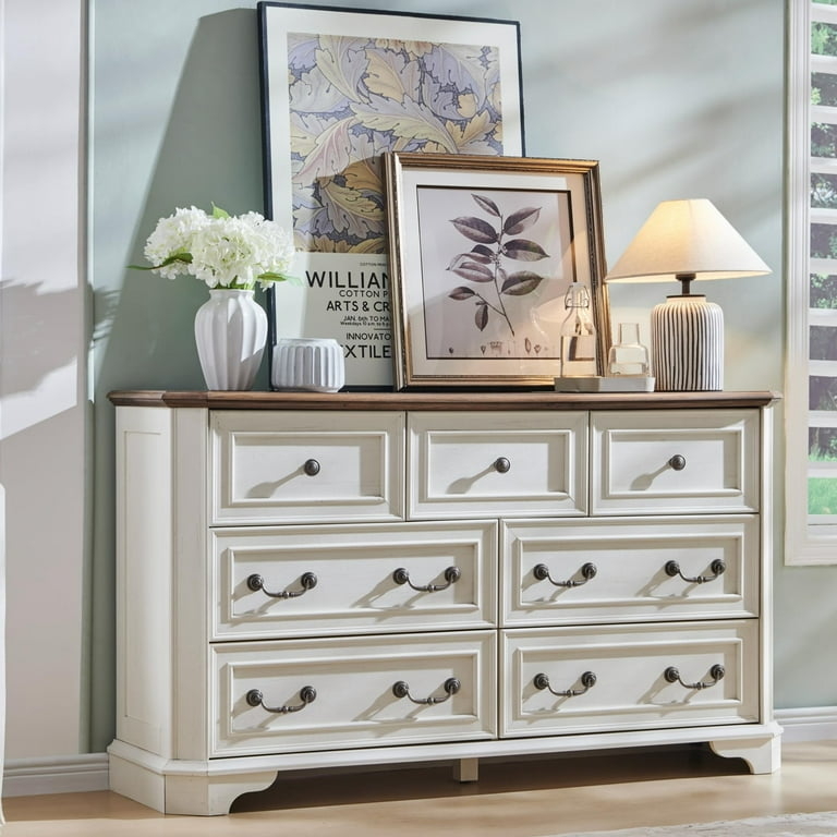 Dresser Antique White with Walnut Top 7 Drawers Bracket Feet