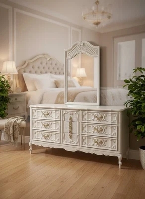 Dresser Arched Mirror Cabriole Legs Carved Details Creamy White Antique