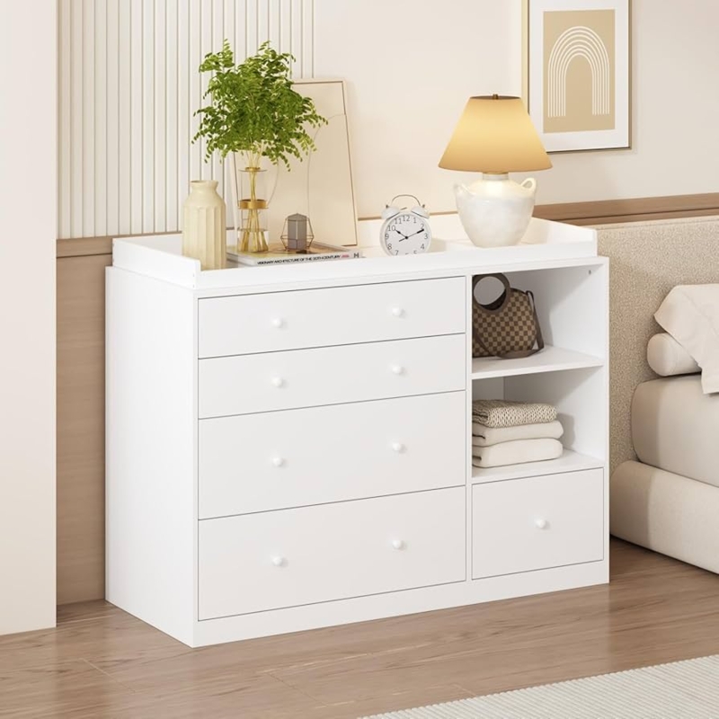 Dresser Asymmetrical Layout Side Shelving Matte Finish Round Knobs