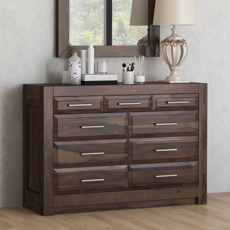 Dresser Beveled Drawer Fronts Dark Brown Rustic Modern Nine Drawer