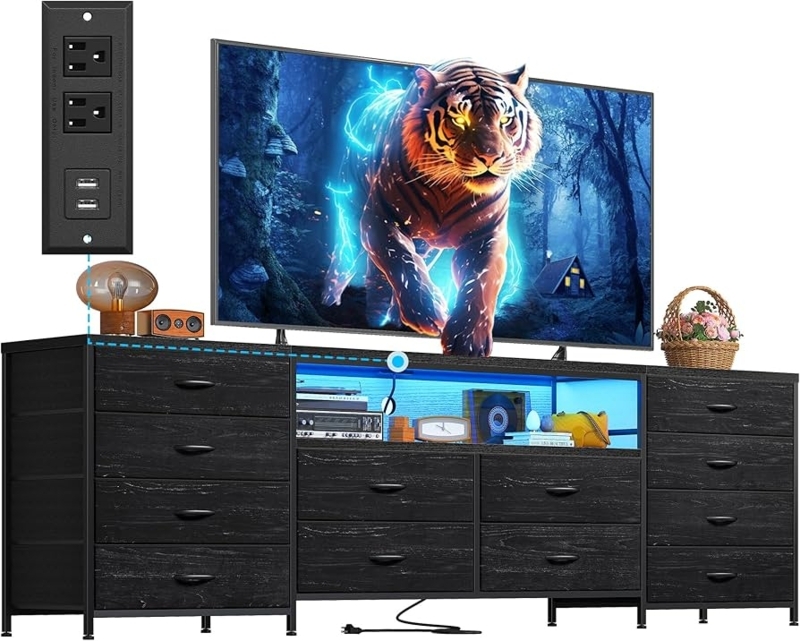 Dresser, Black 12-Drawer Modern, LED Shelf, Power Combo