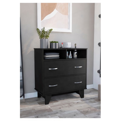 Dresser: Black Contemporary Dresser With Open Shelving Tapered Legs