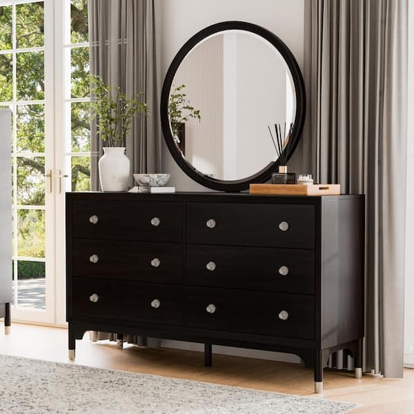 Dresser Black with Round Oversized Mirror Tapered Metal Capped Legs