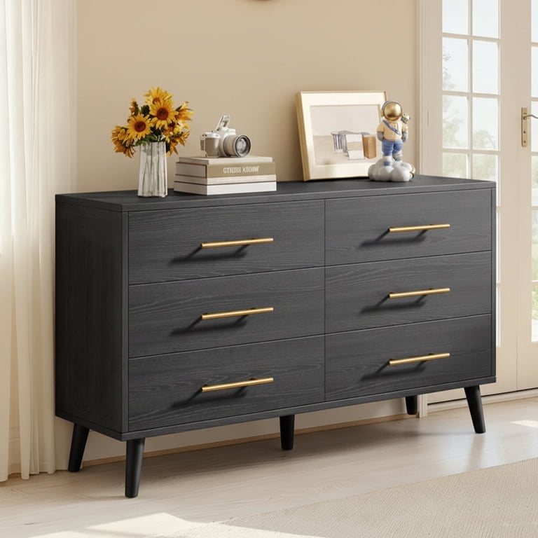 Dresser Black Wood Grain Chest with Gold Handles, Tapered Legs