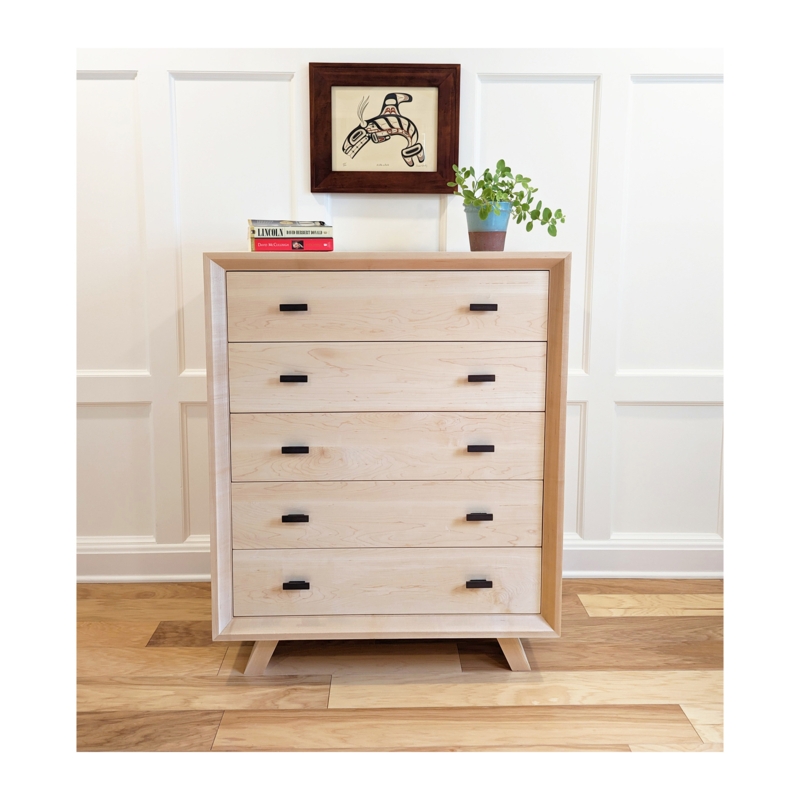 Dresser Blonde Wood Tapered Legs Five Drawers Black Pulls Scandi
