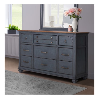 Dresser Blue Painted Finish Wood Top Bun Feet Nine Drawers Traditional