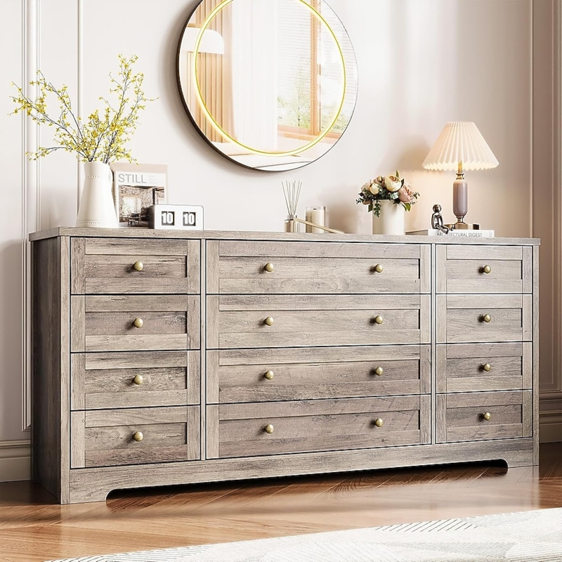 Dresser Brass Knobs Grey Wood Toned Modern Farmhouse Twelve Drawers