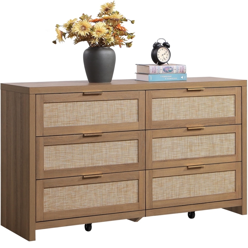 Dresser: Caramel Oak, Woven Cane, Gold Pulls, Caster Wheels.