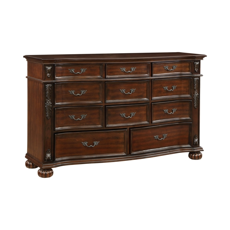 Dresser Carved Pilasters Eleven Drawers Cherry Finish Bun Feet Traditional