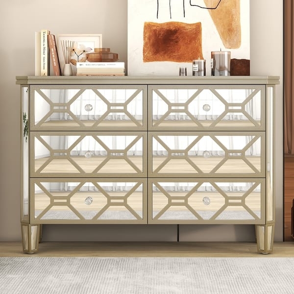 Dresser Champagne Gold Geometric Lattice Mirrored Fronts Luxurious Storage