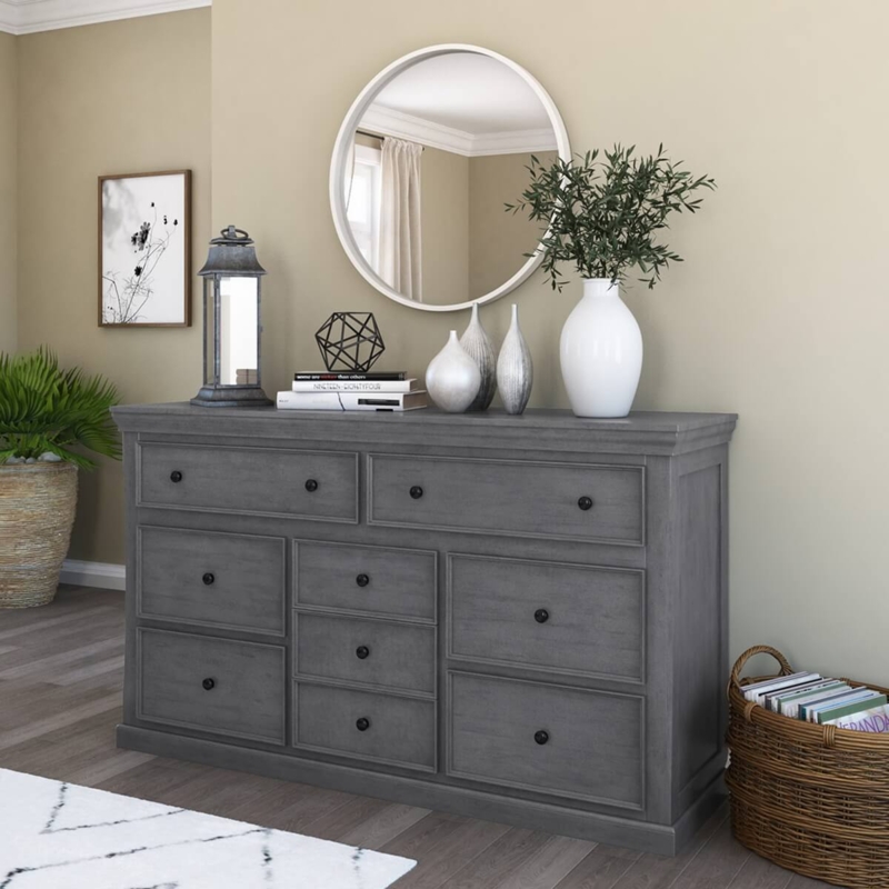 Dresser, Charcoal Gray, Large Nine Drawer Configuration, Recessed Molding.