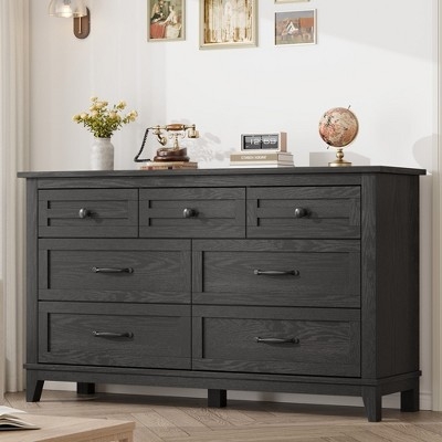 Dresser, Charcoal Gray, Seven Drawer Configuration, Recessed Panels.