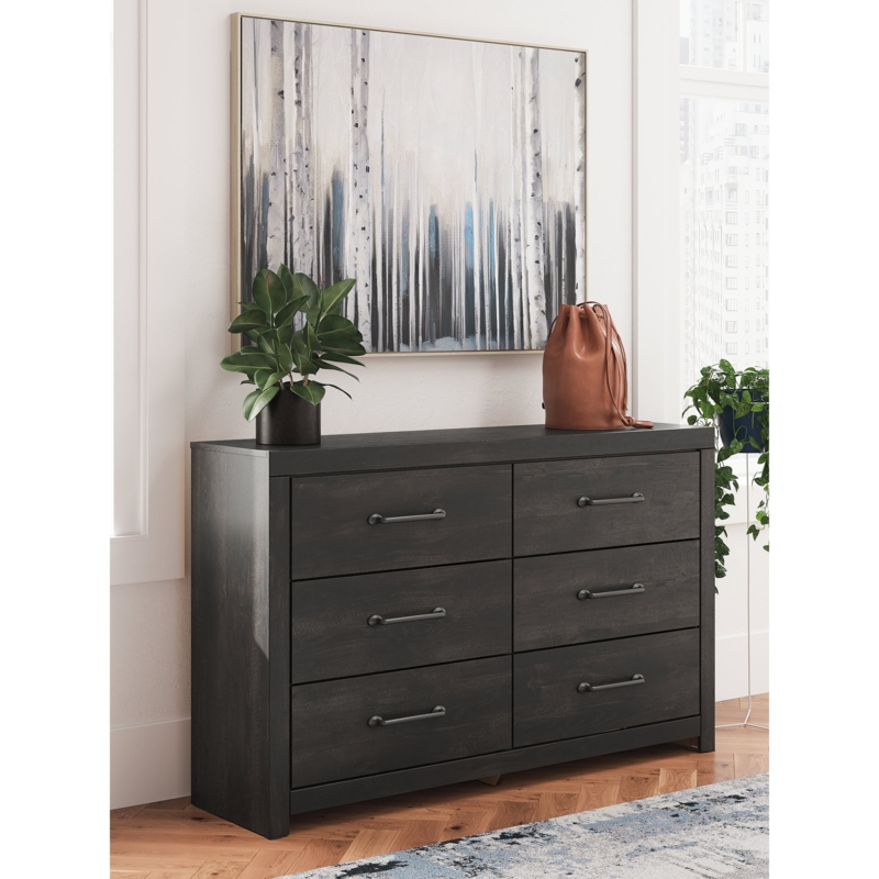 Dresser, Charcoal Gray Wood Grain, Matte Finish, Sleek Metal Pulls.