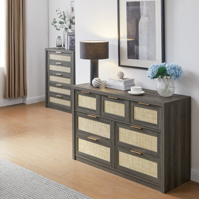Dresser Charcoal Grey Woven Cane Panels Gold Hardware Chic Coastal