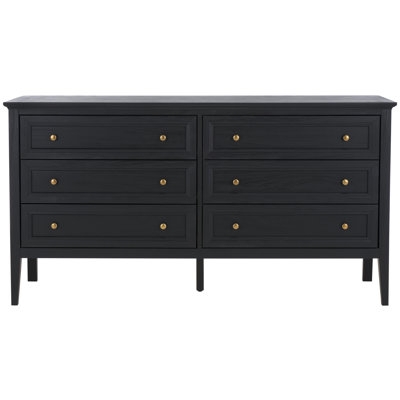 Dresser Charcoal Wood Finish Six Drawers Brass Knobs Transitional