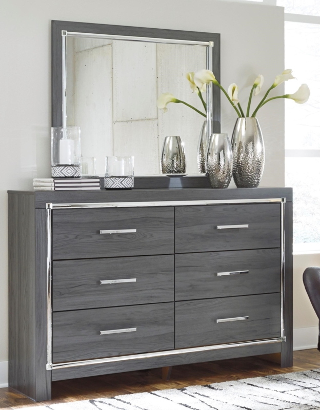 Dresser Charcoal Wood Grain Metallic Trim Inlay Mirror