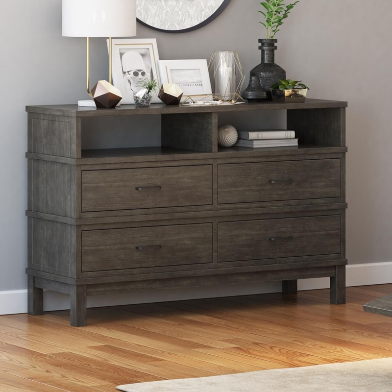 Dresser Chest, Charcoal Gray, Open Top Shelving, Four Drawers.