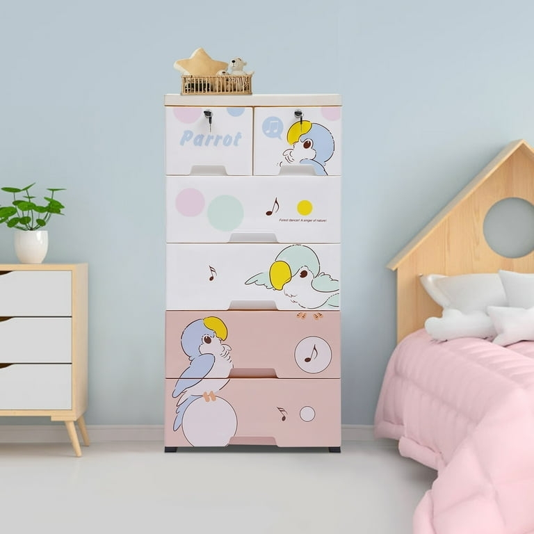 Dresser Chest Playful Cartoon Parrot Print Locking Top Drawers Plastic