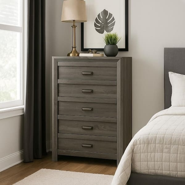 Dresser Chest, Tall Dark Gray, Slim Bar Handles, Framed Drawer Fronts.