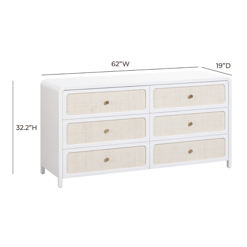 Dresser Coastal Rattan Drawer Fronts Rounded Frame Brass Knobs