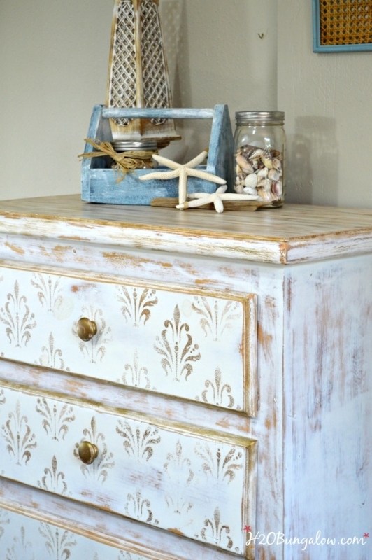 Dresser Coastal White with Gold Damask Stencil Pattern