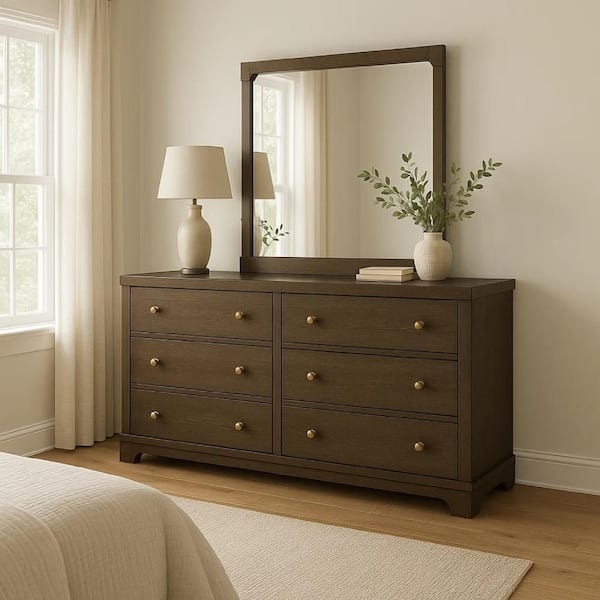 Dresser Cocoa Brown with Mirror Six Drawers and Brass Knobs