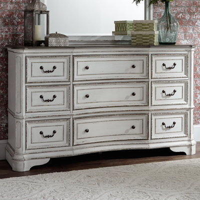 Dresser Concave Front Nine Drawers Distressed Whitewash Farmhouse Vintage
