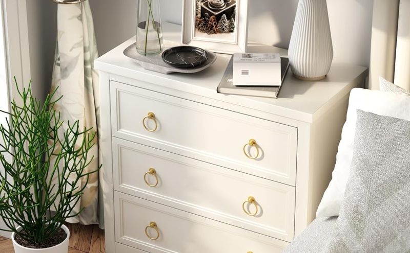 Dresser Creamy White Farmhouse Gold Ring Pulls 3-Drawer