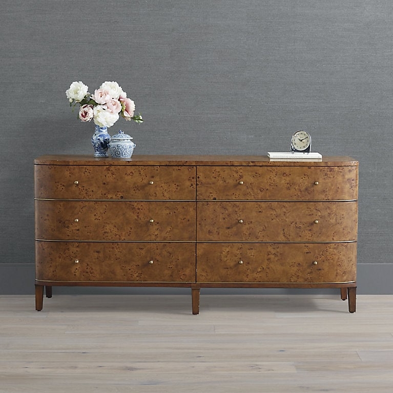 Dresser Curved Burl Wood Six Drawer with Tapered Legs