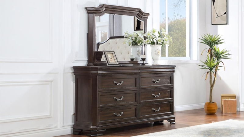 Dresser Dark Brown Espresso Arched Mirror Traditional Wood Storage