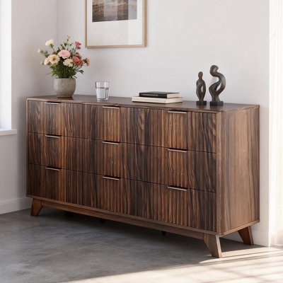 Dresser Dark Brown Vertical Grain Texture Grid Front Nine Drawers