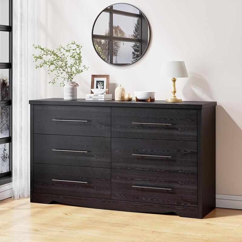 Dresser Dark Charcoal Finish Slim Metal Handles Contemporary Wood Grain