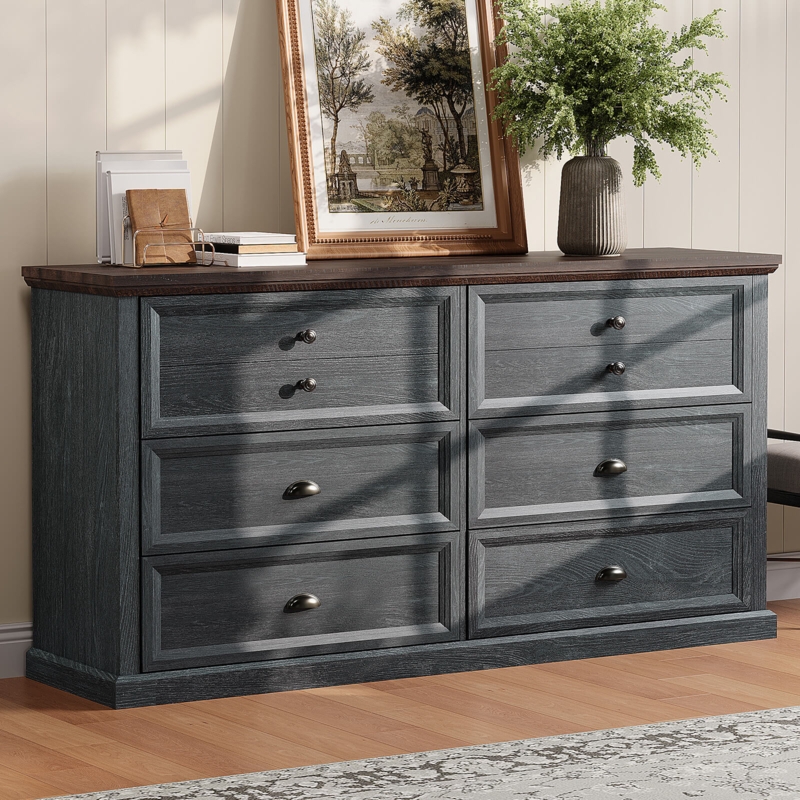 Dresser, Dark Gray Farmhouse Style, Contrasting Brown Top, Mixed Hardware.