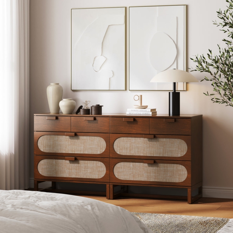 Dresser Dark Walnut Finish Oval Rattan Inserts Mid-Century Coastal