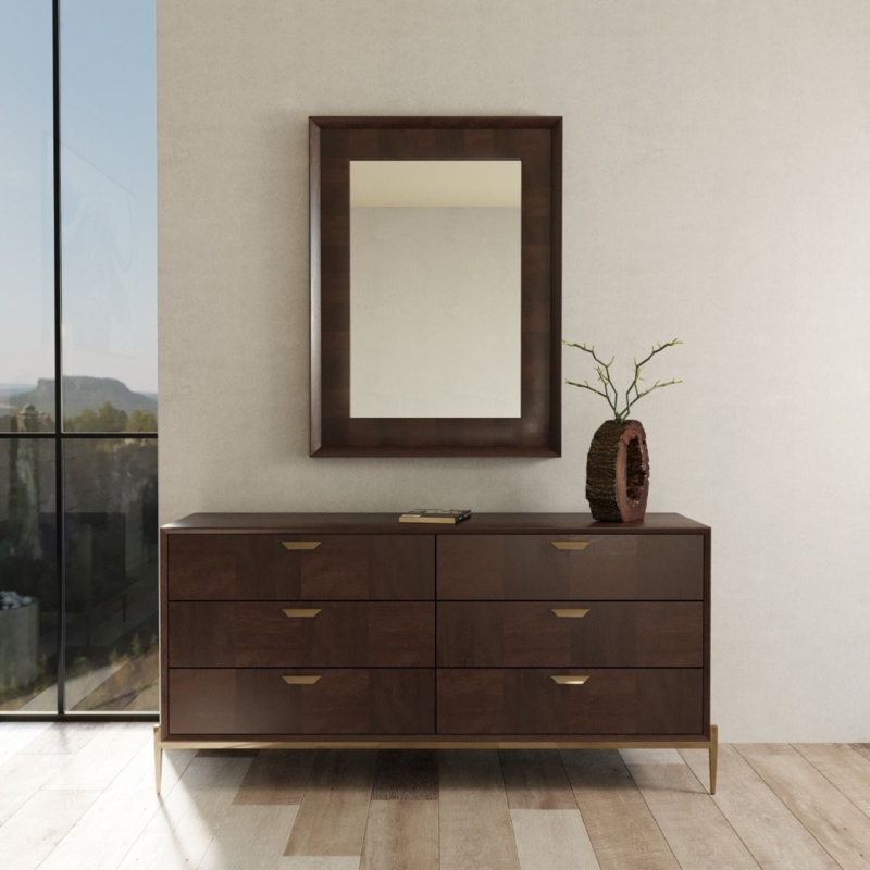 Dresser Dark Wood Decor with Tapered Legs and Brass Accents
