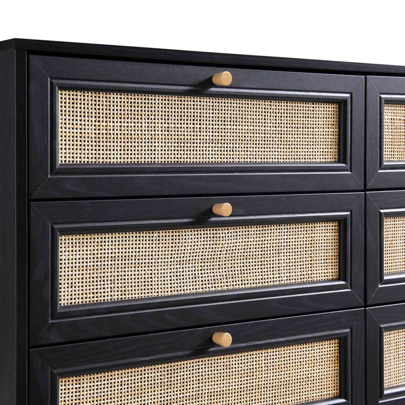 Dresser (Detail), Woven Rattan Panels, Cylindrical Wooden Knobs, Black Frame