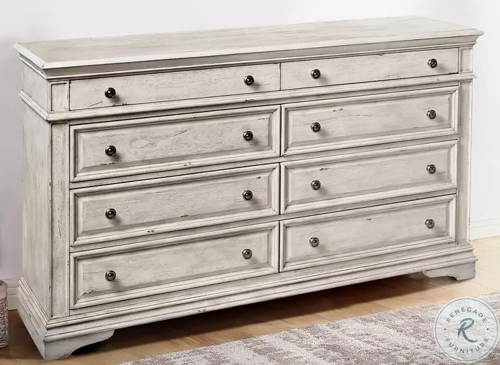 Dresser Distressed 8-Drawer Farmhouse Chest with Crown Molding Details