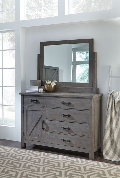 Dresser Distressed Gray Finish Barn Door Cabinet Framed Mirror