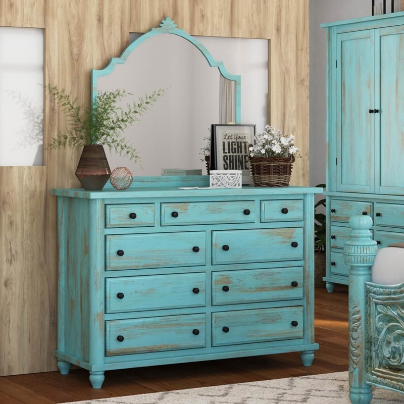 Dresser Distressed Turquoise with Ornate Arched Mirror