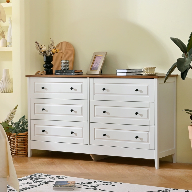 Dresser Double 6-Drawer Two-Tone with Wood Top and Shaker Panels