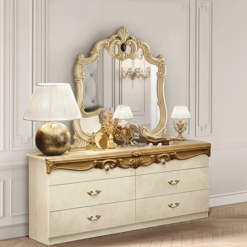Dresser Double Baroque Style with Ornate Gold Scrollwork and Mirror