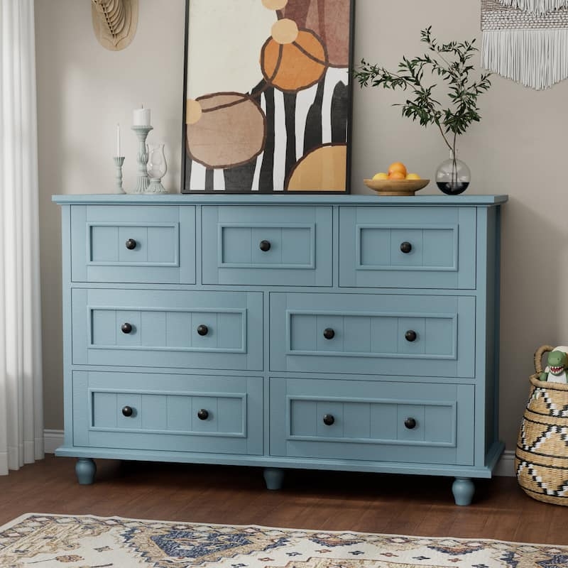 Dresser Dusty Blue Finish Seven Drawer Farmhouse Style Bun Feet