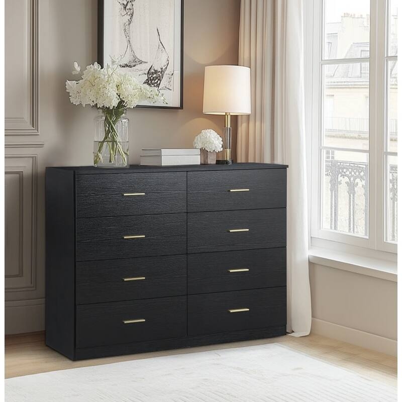 Dresser Eight Drawer Double Design Slim Gold Pulls Black