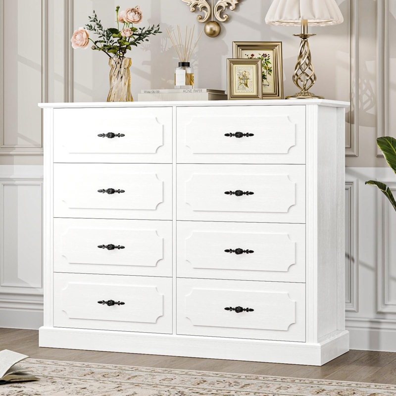 Dresser Eight-Drawer Recessed Panels Ornate Dark Metal Handles Glam