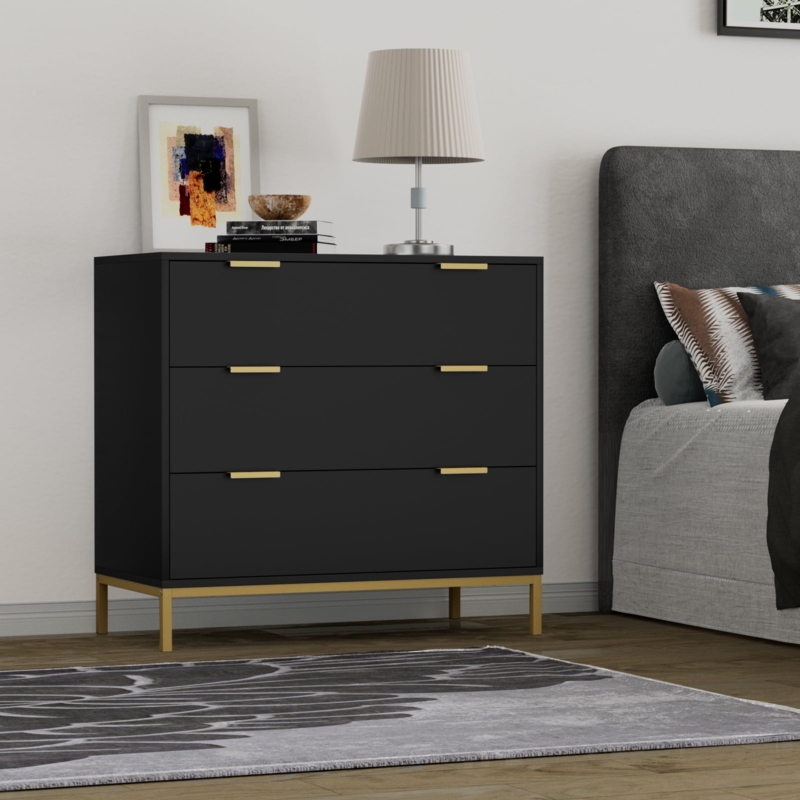Dresser Elevated Frame Base Gold Tab Pulls Modern 3-Drawer Chest