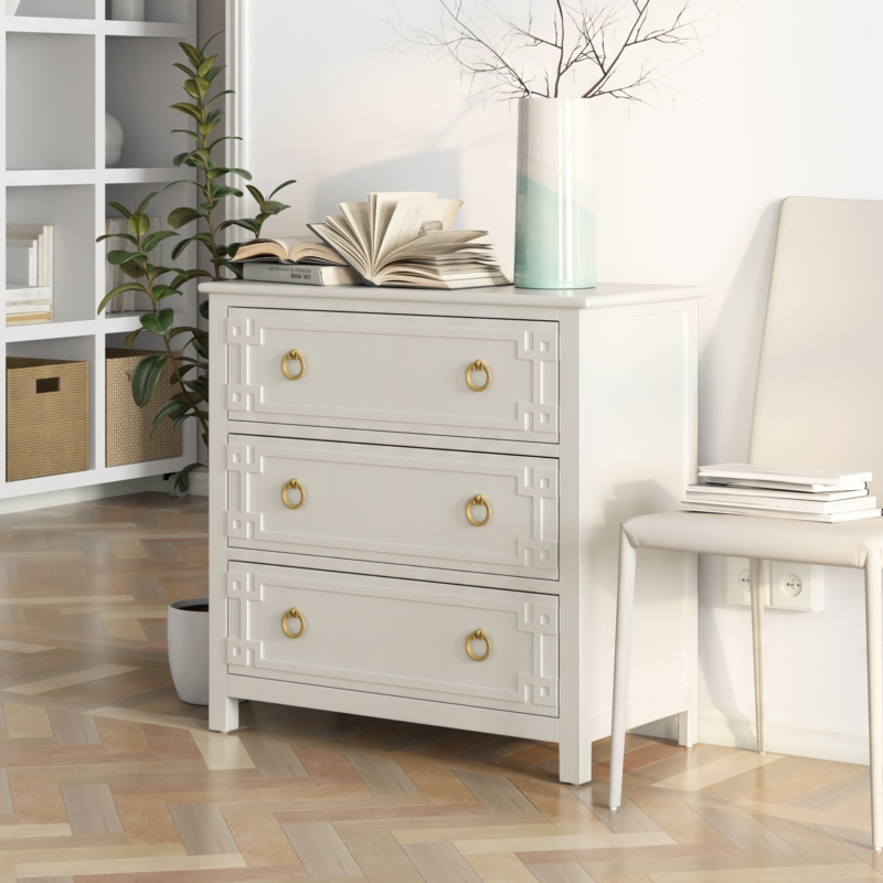 Dresser, Embossed Geometric Pattern, Gold Ring Pulls, White Finish