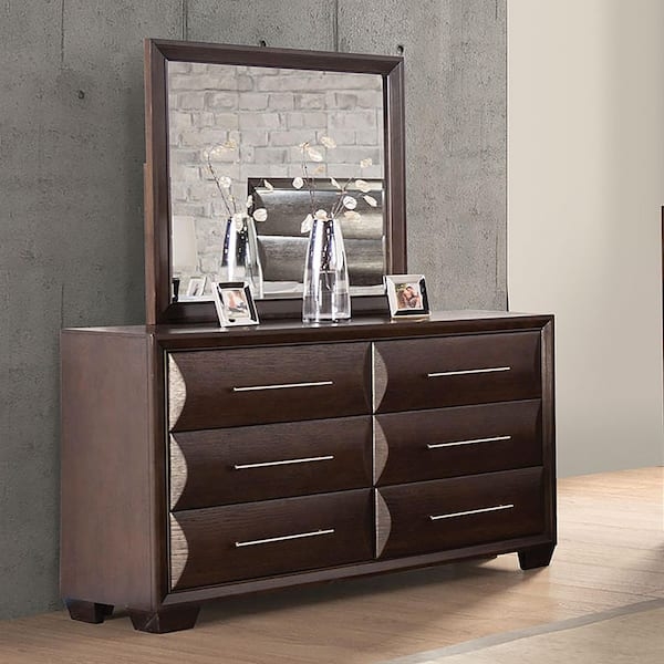 Dresser Espresso Finish Curved Drawer Fronts Silver Insets Mirror Set