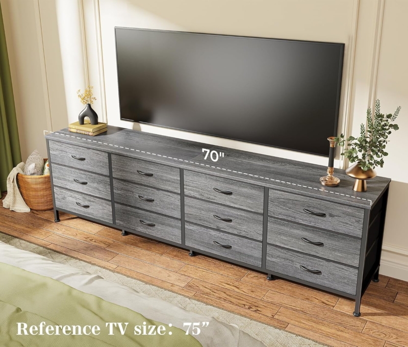 Dresser, Extra Wide 12-Drawer Grey Wood Grain, Metal Frame